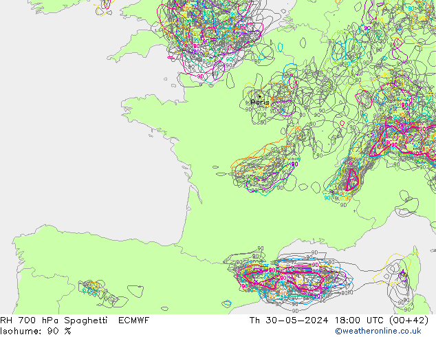 RH 700 hPa Spaghetti ECMWF Th 30.05.2024 18 UTC