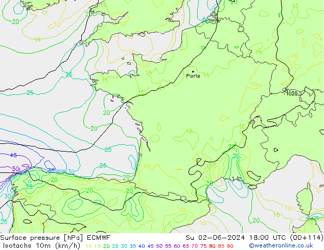 Eşrüzgar Hızları (km/sa) ECMWF Paz 02.06.2024 18 UTC