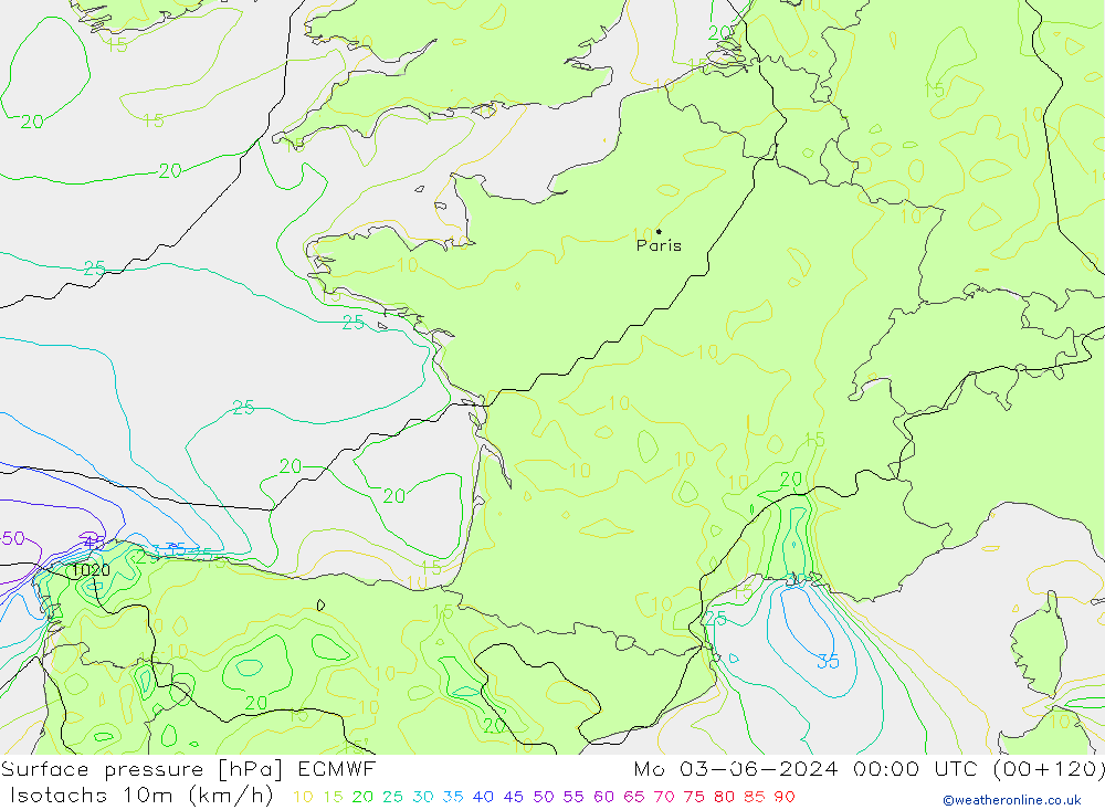 Isotachs (kph) ECMWF Mo 03.06.2024 00 UTC