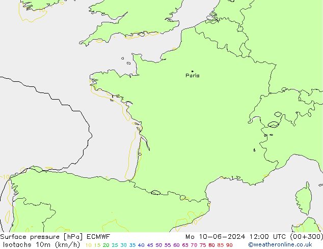 Eşrüzgar Hızları (km/sa) ECMWF Pzt 10.06.2024 12 UTC