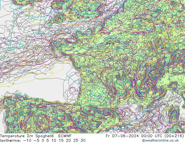 Temperatura 2m Spaghetti ECMWF ven 07.06.2024 00 UTC