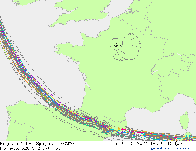 Height 500 hPa Spaghetti ECMWF Čt 30.05.2024 18 UTC