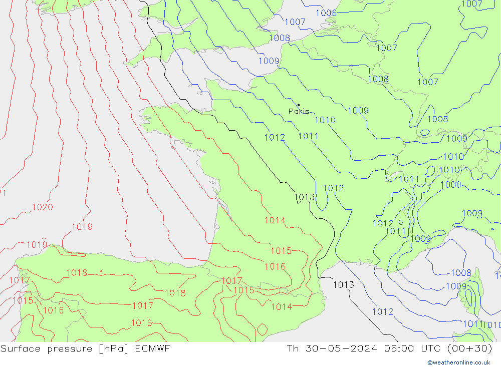 Presión superficial ECMWF jue 30.05.2024 06 UTC