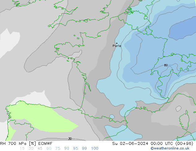 Humedad rel. 700hPa ECMWF dom 02.06.2024 00 UTC