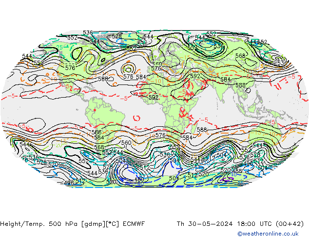 Height/Temp. 500 hPa ECMWF Qui 30.05.2024 18 UTC