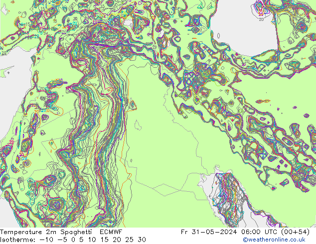 Temperatura 2m Spaghetti ECMWF Sex 31.05.2024 06 UTC