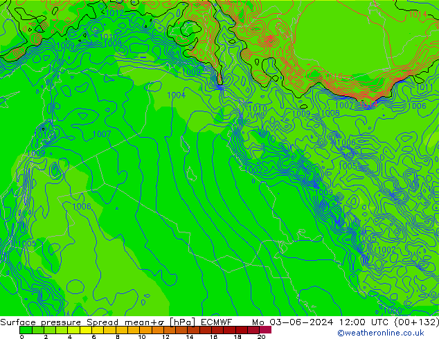 Surface pressure Spread ECMWF Mo 03.06.2024 12 UTC