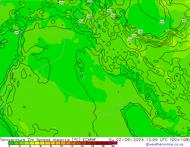 карта температуры Spread ECMWF Вс 02.06.2024 12 UTC