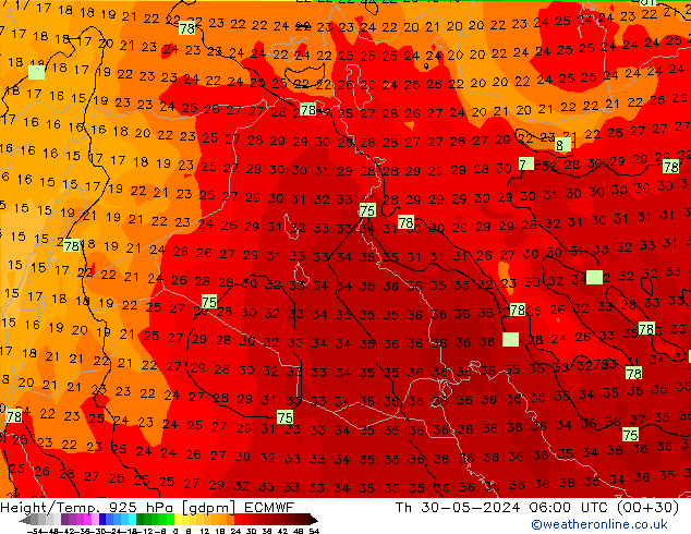 Hoogte/Temp. 925 hPa ECMWF do 30.05.2024 06 UTC