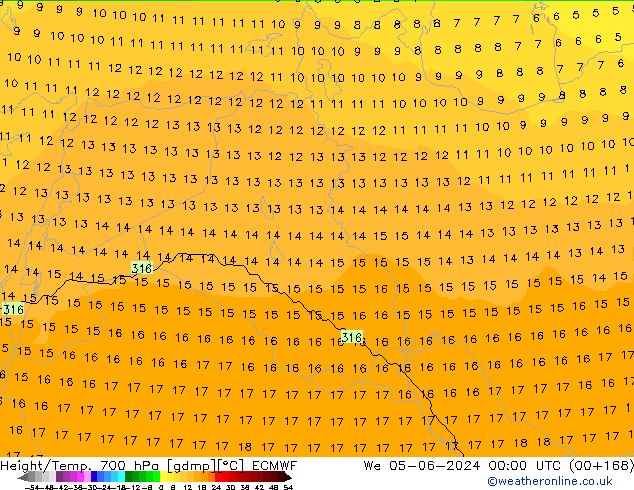 Hoogte/Temp. 700 hPa ECMWF wo 05.06.2024 00 UTC