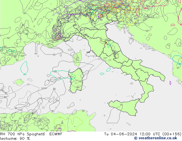 RH 700 гПа Spaghetti ECMWF вт 04.06.2024 12 UTC