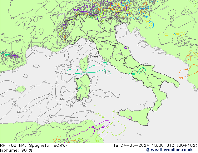 Humidité rel. 700 hPa Spaghetti ECMWF mar 04.06.2024 18 UTC