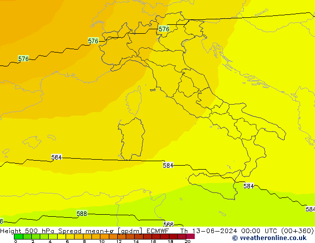 Height 500 hPa Spread ECMWF Th 13.06.2024 00 UTC