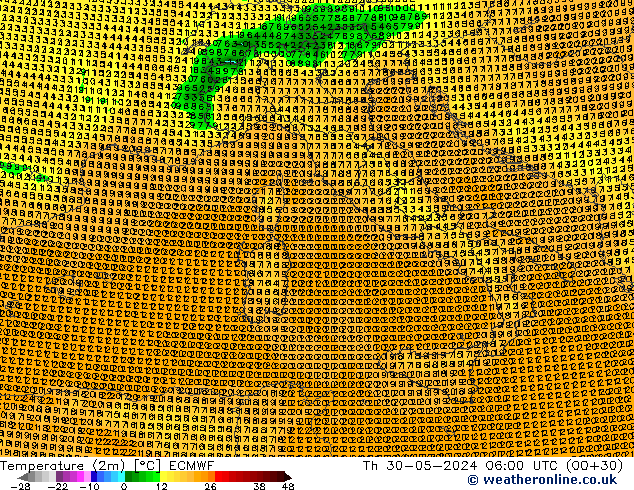 mapa temperatury (2m) ECMWF czw. 30.05.2024 06 UTC