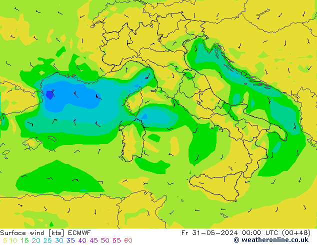 Viento 10 m ECMWF vie 31.05.2024 00 UTC