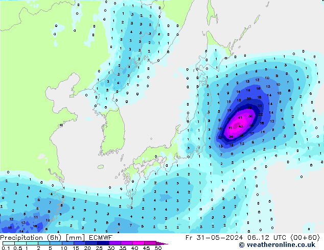 Precipitation (6h) ECMWF Pá 31.05.2024 12 UTC