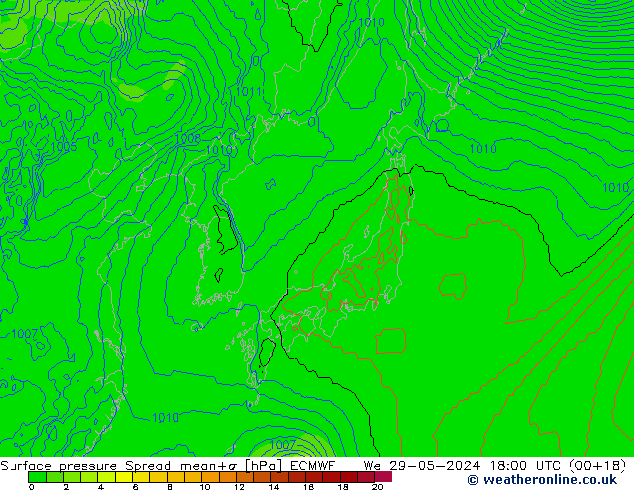 Surface pressure Spread ECMWF We 29.05.2024 18 UTC