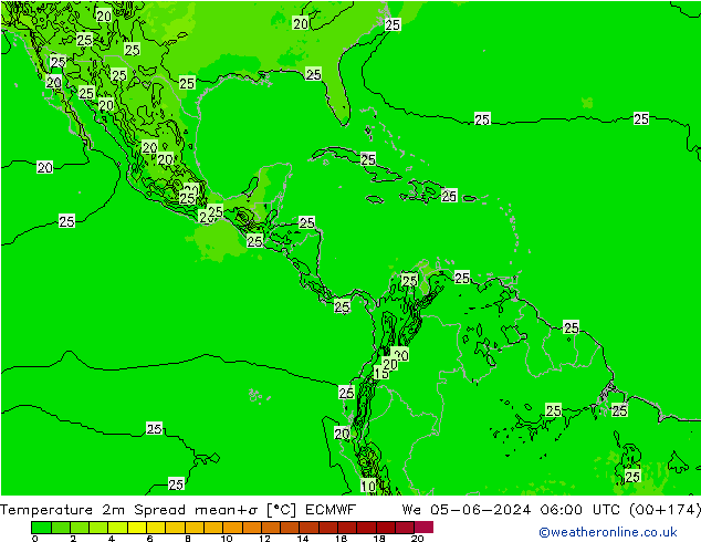 Temperatura 2m Spread ECMWF mer 05.06.2024 06 UTC