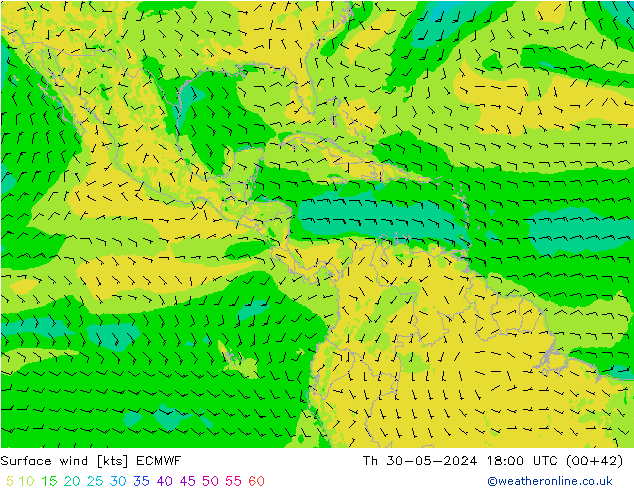 Surface wind ECMWF Čt 30.05.2024 18 UTC