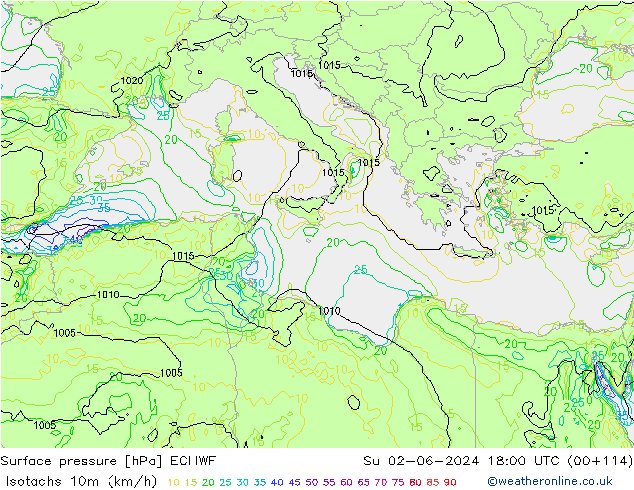 Isotachs (kph) ECMWF  02.06.2024 18 UTC