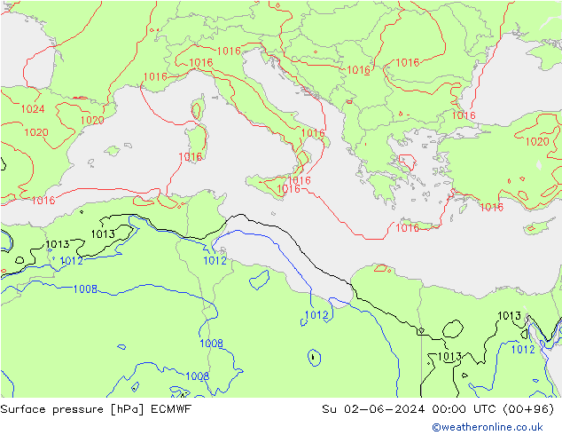 Presión superficial ECMWF dom 02.06.2024 00 UTC