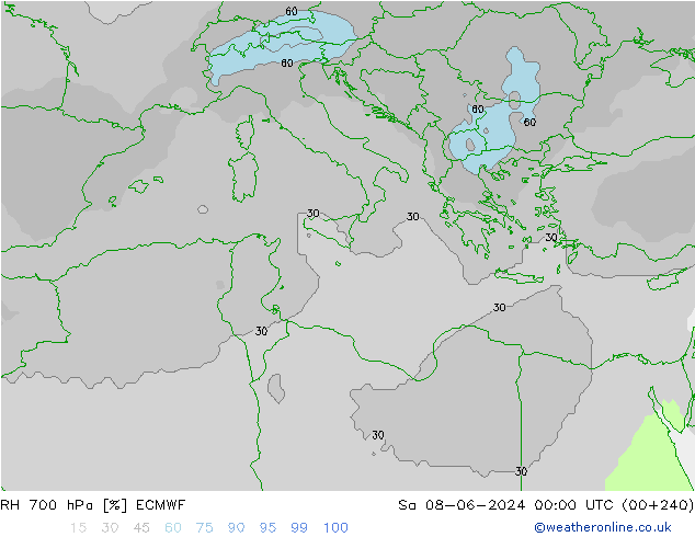 RH 700 hPa ECMWF Sáb 08.06.2024 00 UTC