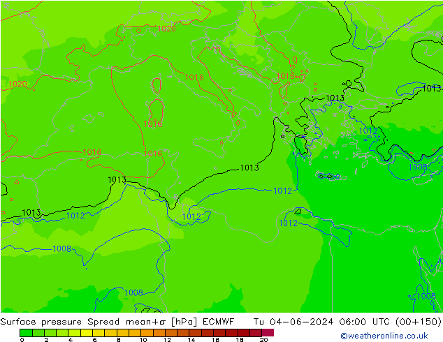 Presión superficial Spread ECMWF mar 04.06.2024 06 UTC