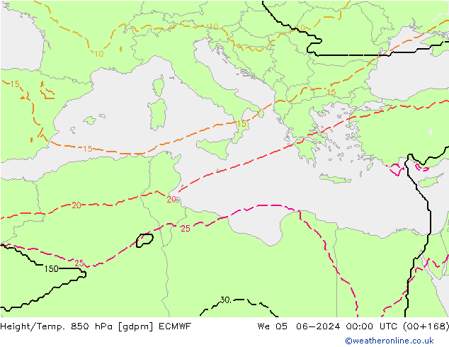 Height/Temp. 850 hPa ECMWF Mi 05.06.2024 00 UTC
