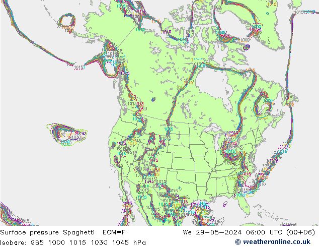pressão do solo Spaghetti ECMWF Qua 29.05.2024 06 UTC