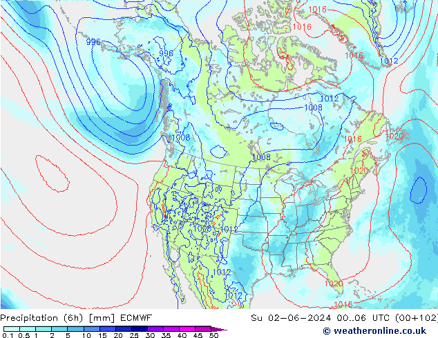 Precipitation (6h) ECMWF Su 02.06.2024 06 UTC