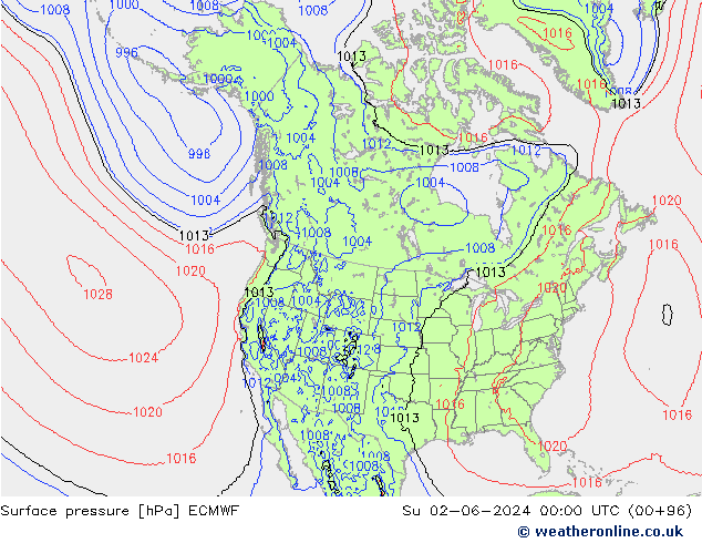 Presión superficial ECMWF dom 02.06.2024 00 UTC