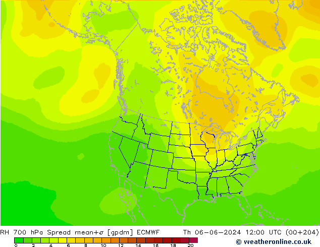 RH 700 hPa Spread ECMWF Čt 06.06.2024 12 UTC