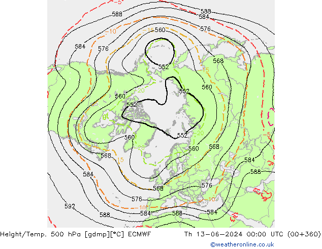 Height/Temp. 500 hPa ECMWF czw. 13.06.2024 00 UTC