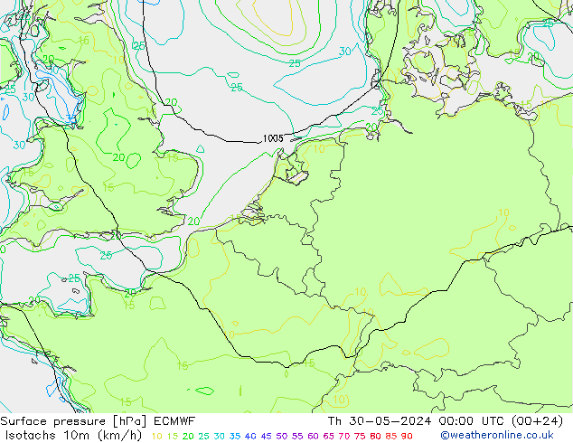 Isotachs (kph) ECMWF Čt 30.05.2024 00 UTC