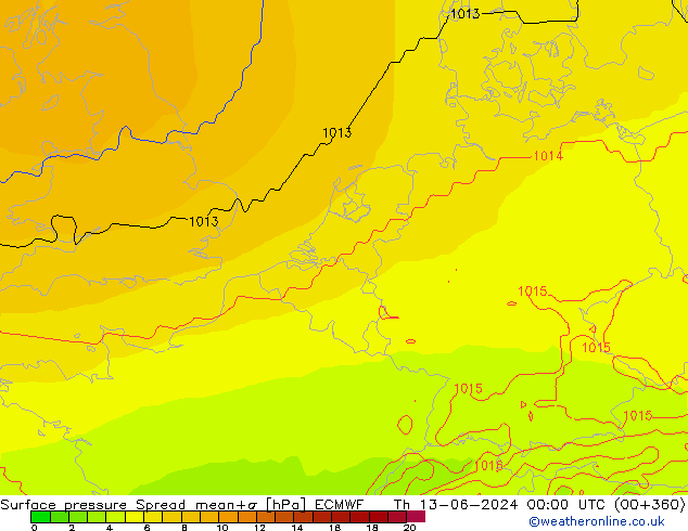 Surface pressure Spread ECMWF Th 13.06.2024 00 UTC