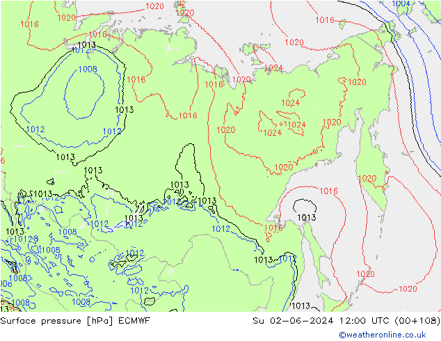 Atmosférický tlak ECMWF Ne 02.06.2024 12 UTC