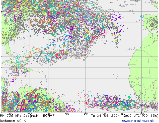 RH 700 hPa Spaghetti ECMWF wto. 04.06.2024 12 UTC