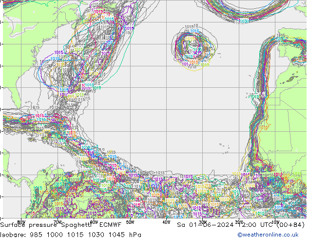 Pressione al suolo Spaghetti ECMWF sab 01.06.2024 12 UTC