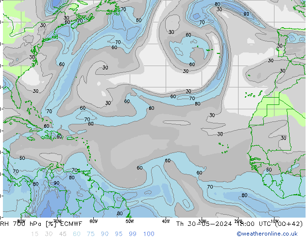 RH 700 hPa ECMWF Th 30.05.2024 18 UTC