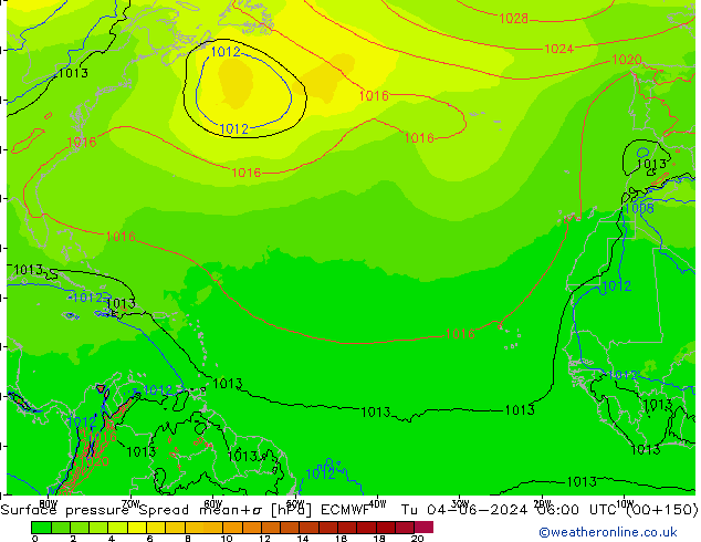 Atmosférický tlak Spread ECMWF Út 04.06.2024 06 UTC