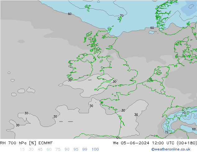 RH 700 hPa ECMWF śro. 05.06.2024 12 UTC