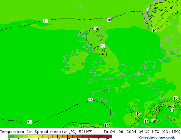 mapa temperatury 2m Spread ECMWF wto. 04.06.2024 06 UTC