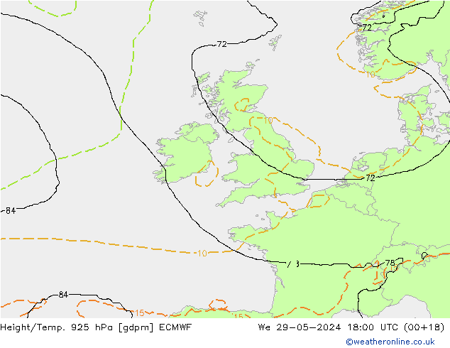 Height/Temp. 925 hPa ECMWF We 29.05.2024 18 UTC