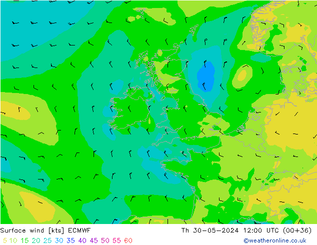 Surface wind ECMWF Čt 30.05.2024 12 UTC