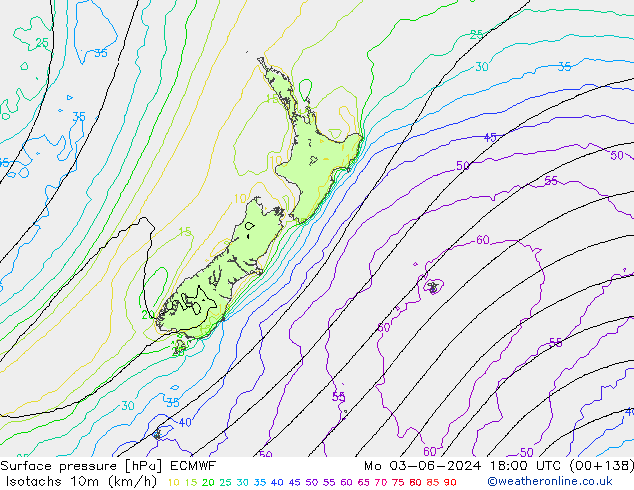 Izotacha (km/godz) ECMWF pon. 03.06.2024 18 UTC