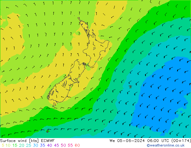 wiatr 10 m ECMWF śro. 05.06.2024 06 UTC