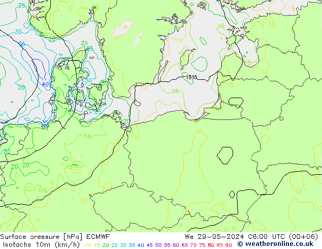 Isotachen (km/h) ECMWF wo 29.05.2024 06 UTC