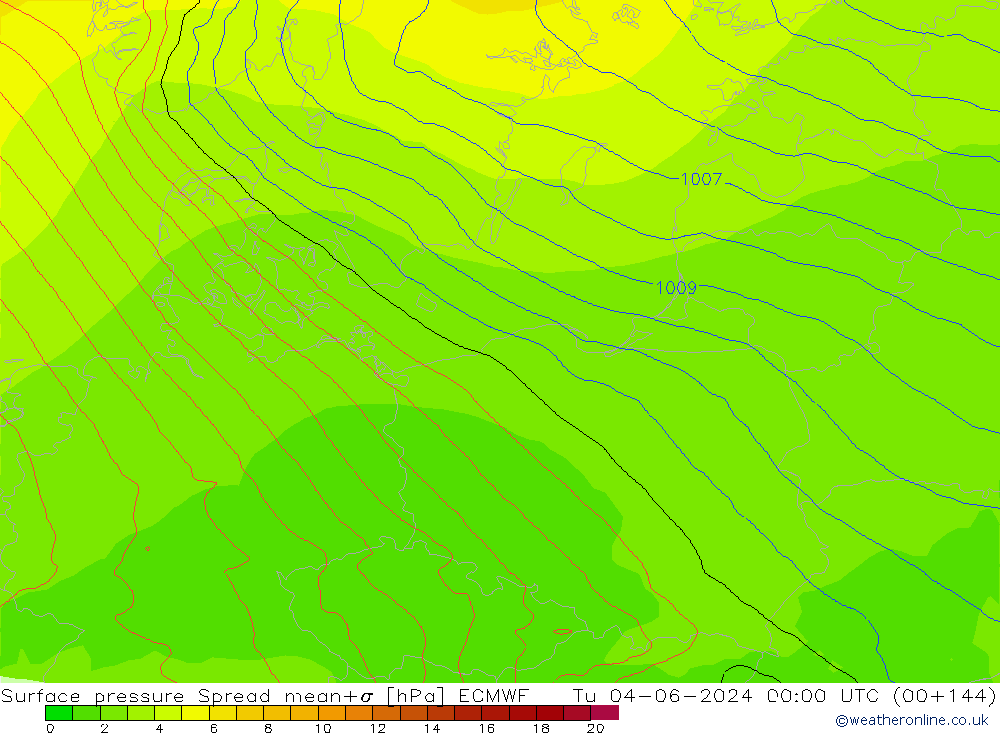 Atmosférický tlak Spread ECMWF Út 04.06.2024 00 UTC