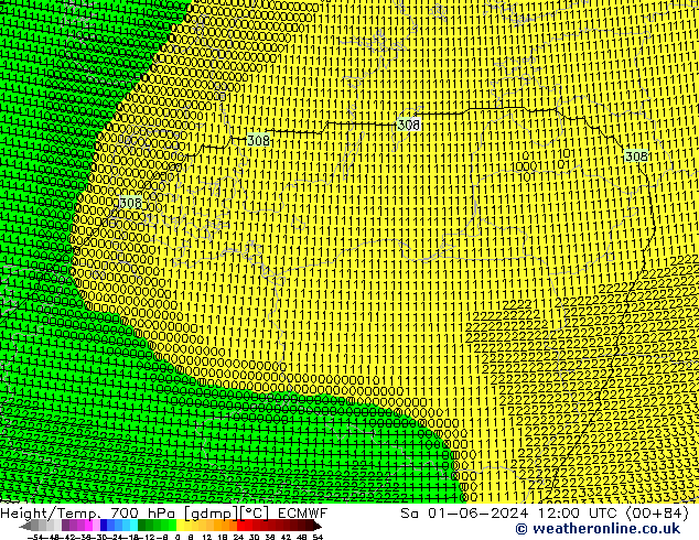 Hoogte/Temp. 700 hPa ECMWF za 01.06.2024 12 UTC