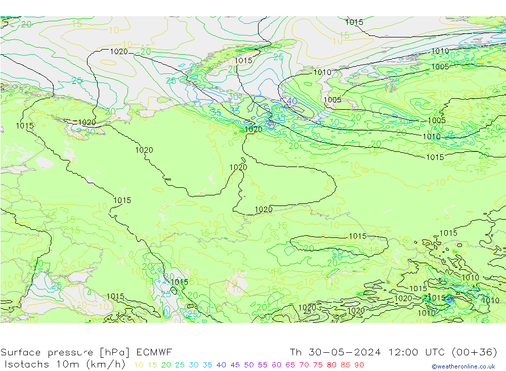 Isotachen (km/h) ECMWF do 30.05.2024 12 UTC